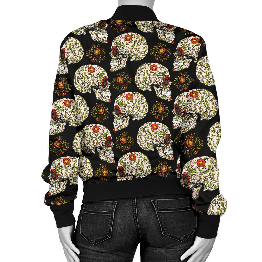 Sugar Skull Flower Design Themed Print Women Casual Bomber Jacket