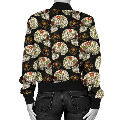 Sugar Skull Flower Design Themed Print Women Casual Bomber Jacket