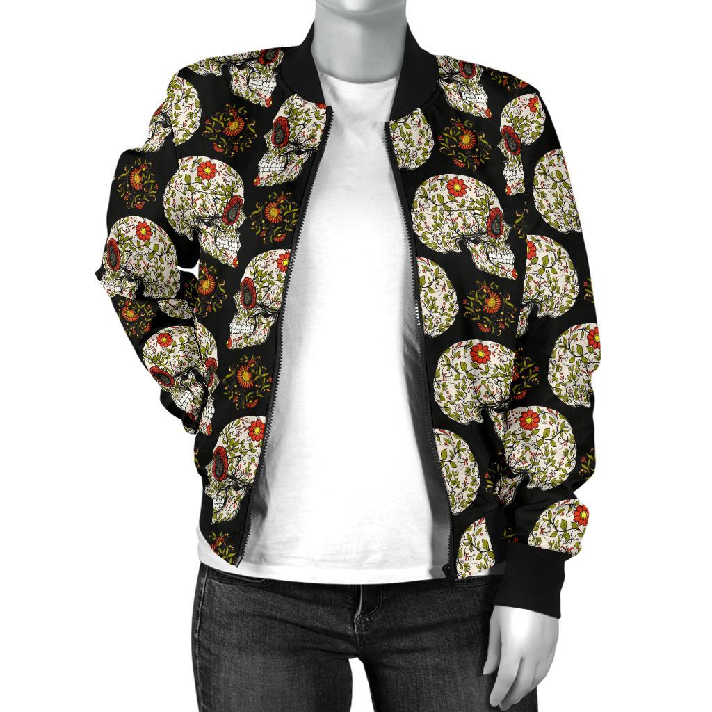 Sugar Skull Flower Design Themed Print Women Casual Bomber Jacket