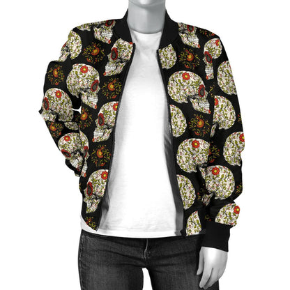 Sugar Skull Flower Design Themed Print Women Casual Bomber Jacket