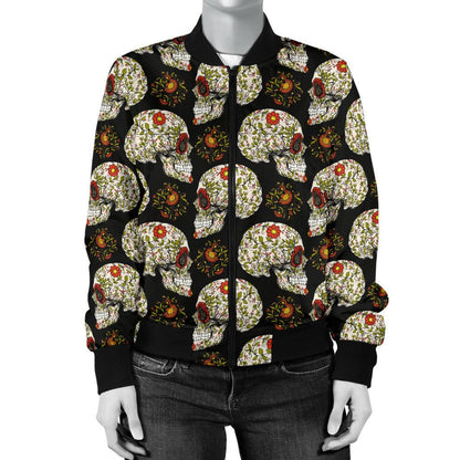 Sugar Skull Flower Design Themed Print Women Casual Bomber Jacket