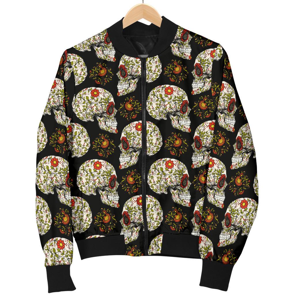 Sugar Skull Flower Design Themed Print Women Casual Bomber Jacket