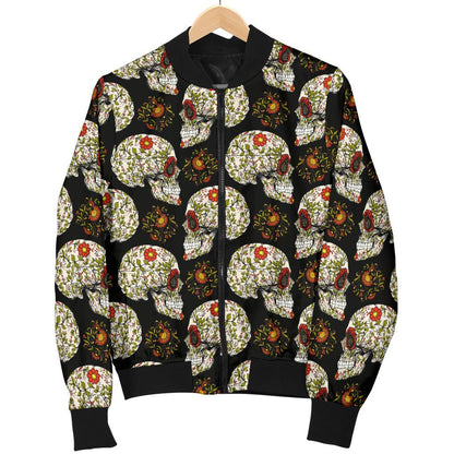 Sugar Skull Flower Design Themed Print Women Casual Bomber Jacket