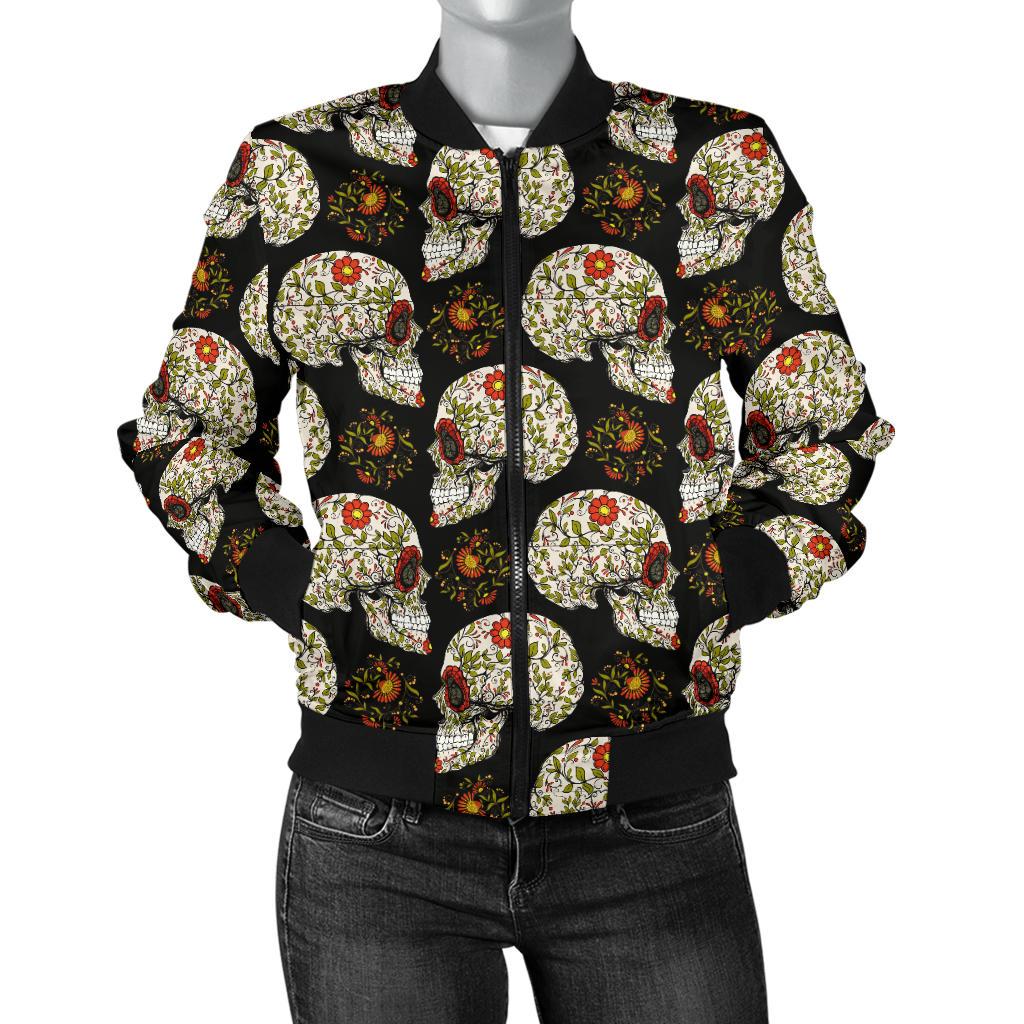 Sugar Skull Flower Design Themed Print Women Casual Bomber Jacket