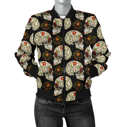 Sugar Skull Flower Design Themed Print Women Casual Bomber Jacket