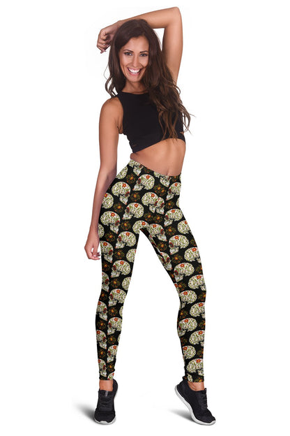 Sugar Skull Flower Design Themed Print Women Leggings