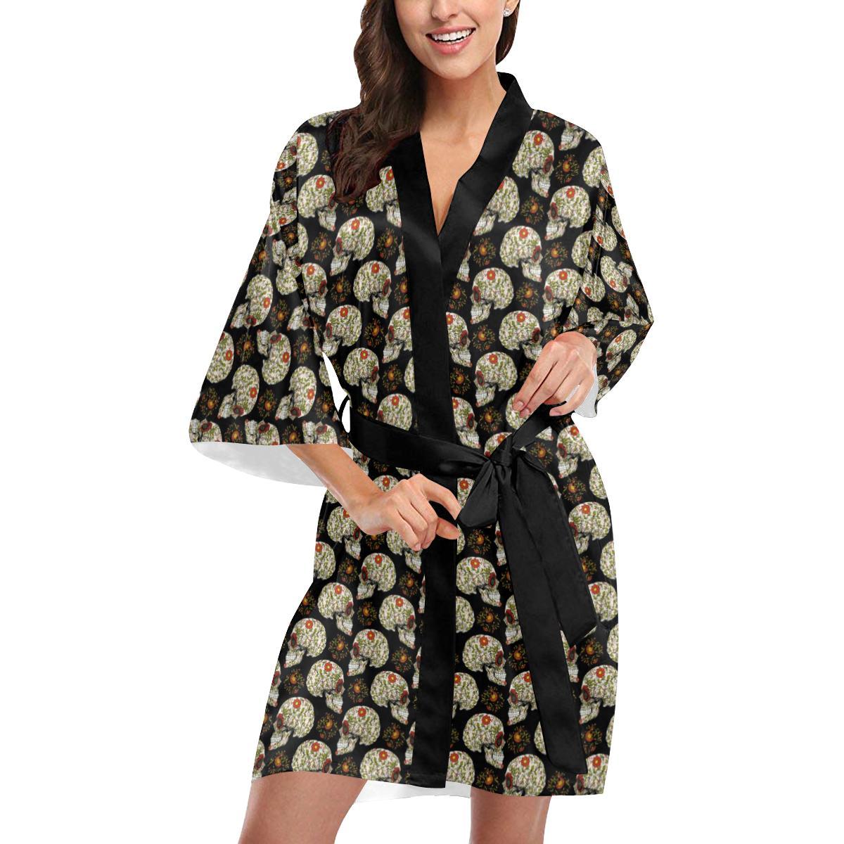 Sugar Skull Flower Design Themed Print Women Short Kimono Robe