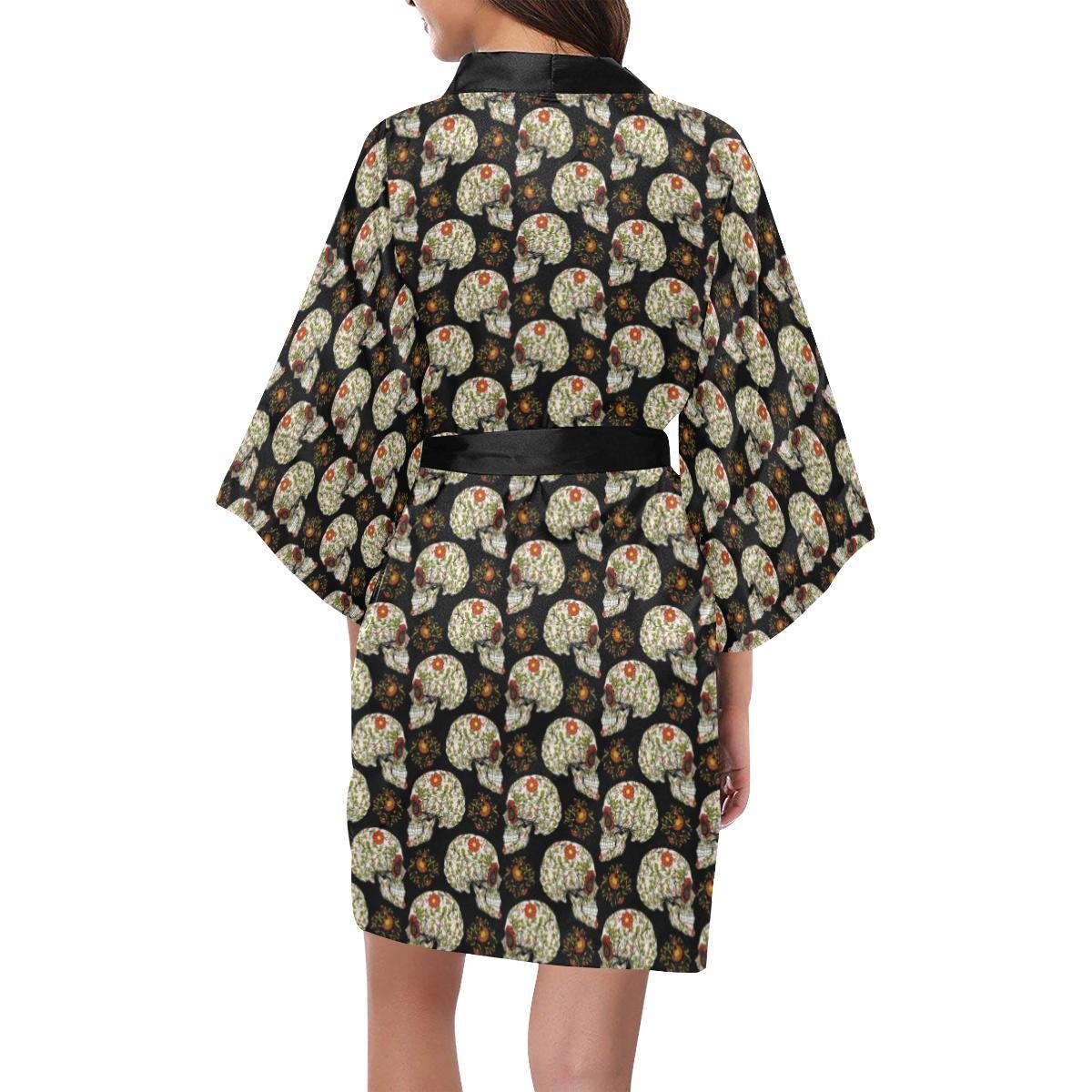Sugar Skull Flower Design Themed Print Women Short Kimono Robe