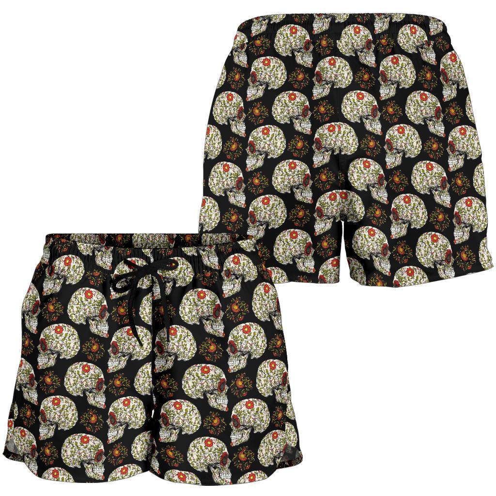 Sugar Skull Flower Design Themed Print Women Shorts-JTAMIGO.COM