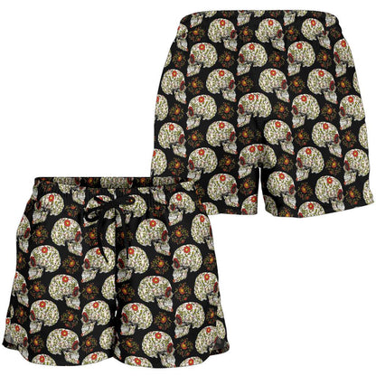 Sugar Skull Flower Design Themed Print Women Shorts-JTAMIGO.COM