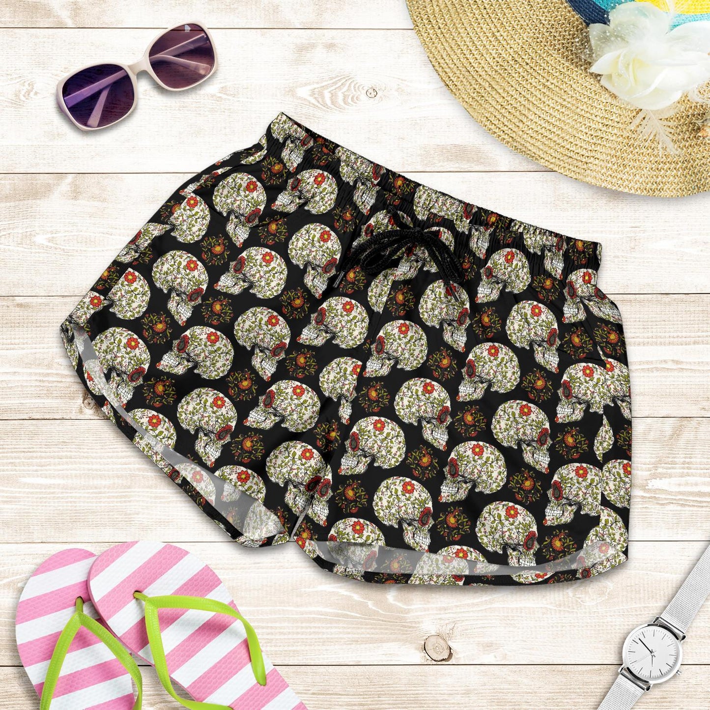 Sugar Skull Flower Design Themed Print Women Shorts-JTAMIGO.COM