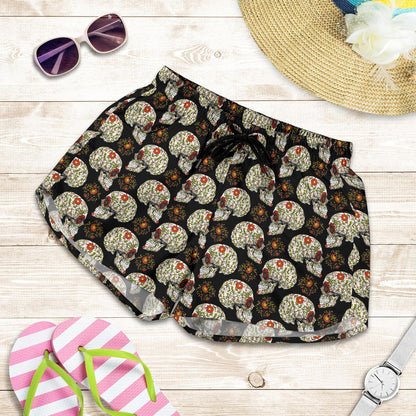 Sugar Skull Flower Design Themed Print Women Shorts-JTAMIGO.COM