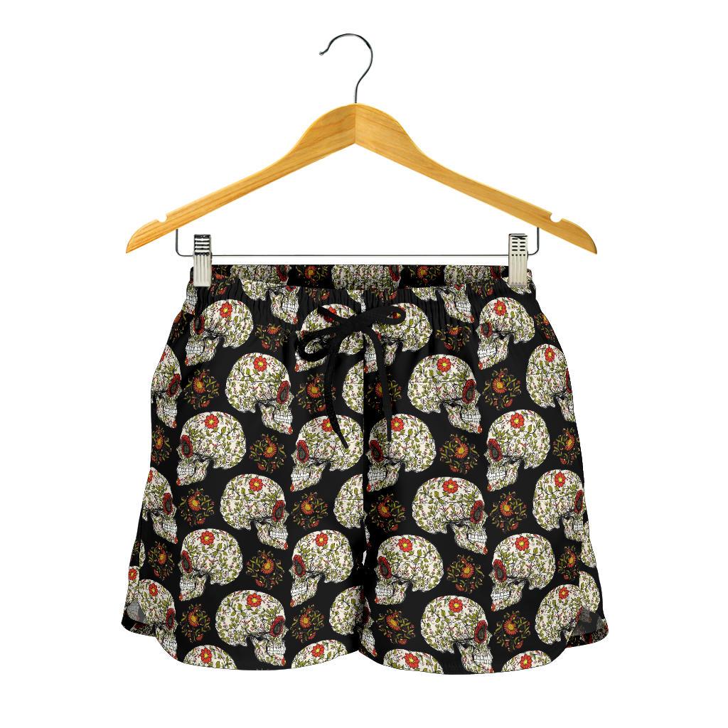Sugar Skull Flower Design Themed Print Women Shorts-JTAMIGO.COM