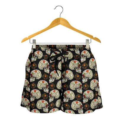Sugar Skull Flower Design Themed Print Women Shorts-JTAMIGO.COM