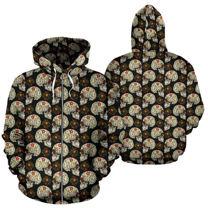 Sugar Skull Flower Design Themed Print Zip Up Hoodie