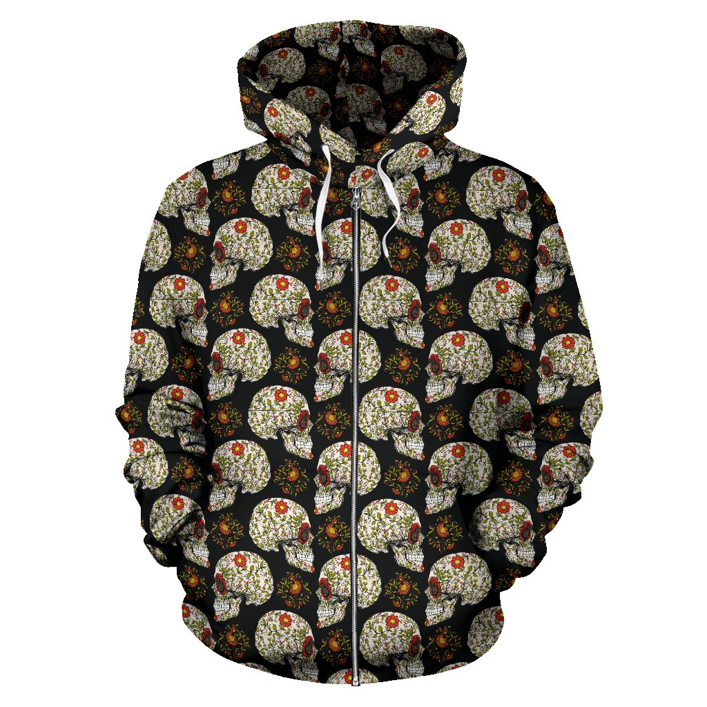 Sugar Skull Flower Design Themed Print Zip Up Hoodie