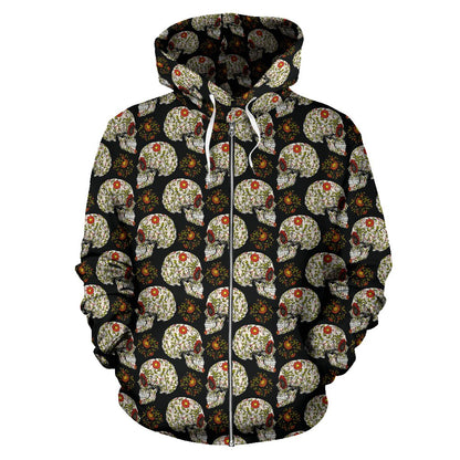 Sugar Skull Flower Design Themed Print Zip Up Hoodie