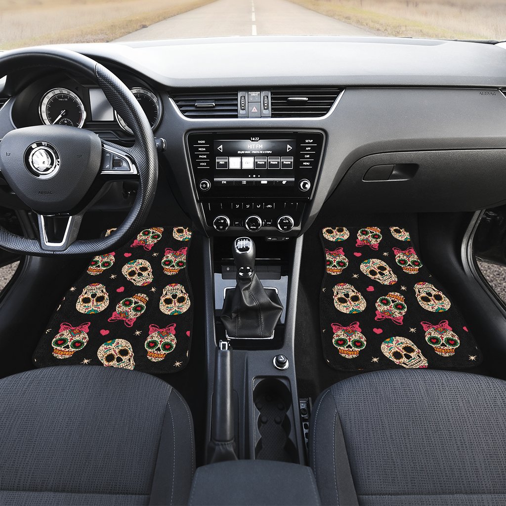 Sugar Skull Pink Bow Themed Print Car Floor Mats