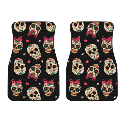 Sugar Skull Pink Bow Themed Print Car Floor Mats