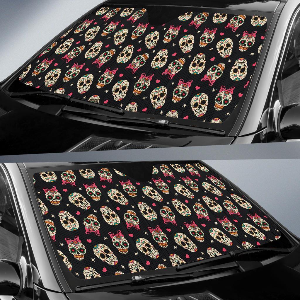 Sugar Skull Pink Bow Themed Print Car Sun Shade For Windshield