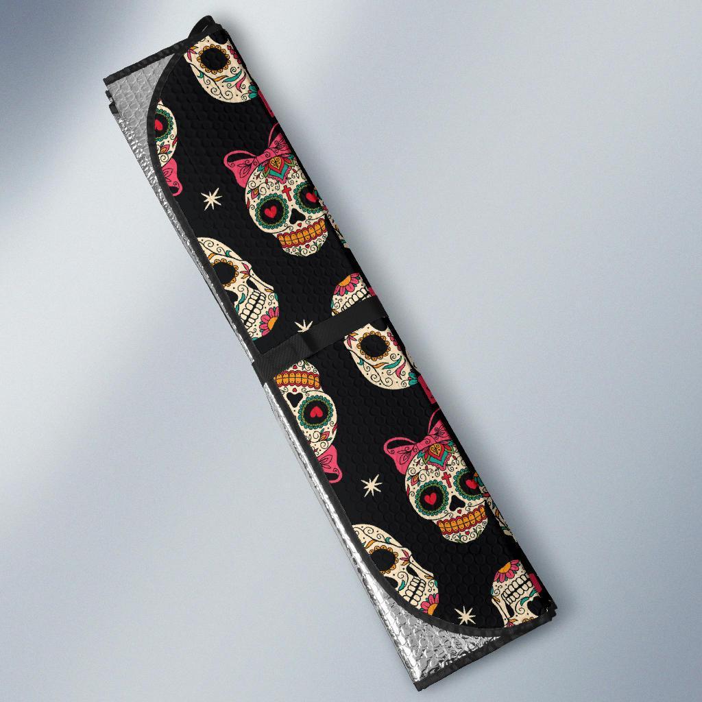 Sugar Skull Pink Bow Themed Print Car Sun Shade For Windshield