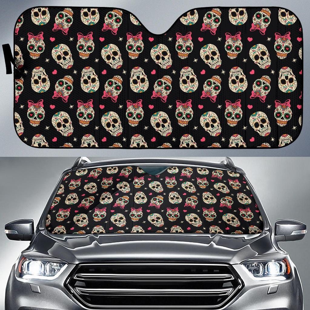 Sugar Skull Pink Bow Themed Print Car Sun Shade For Windshield
