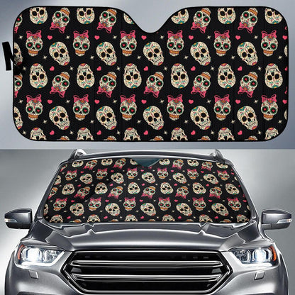 Sugar Skull Pink Bow Themed Print Car Sun Shade For Windshield