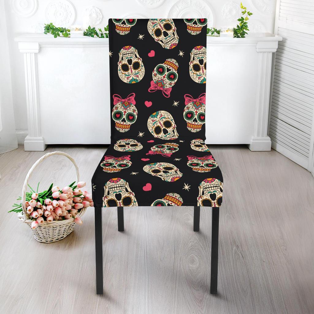 Sugar Skull Pink Bow Themed Print Dining Chair Slipcover-JTAMIGO.COM