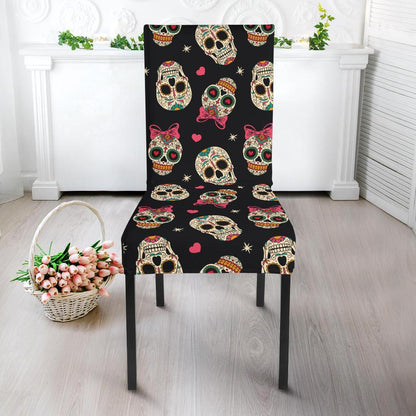 Sugar Skull Pink Bow Themed Print Dining Chair Slipcover-JTAMIGO.COM