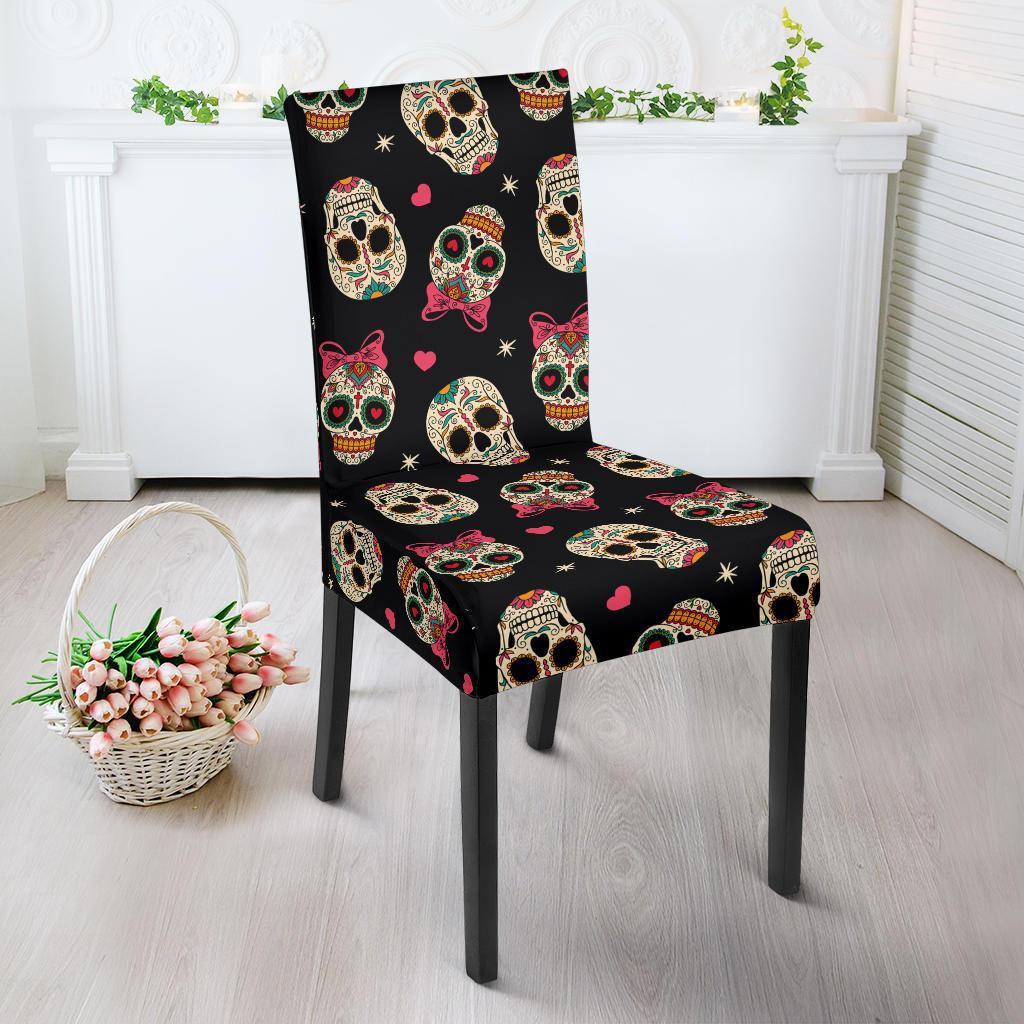Sugar Skull Pink Bow Themed Print Dining Chair Slipcover-JTAMIGO.COM