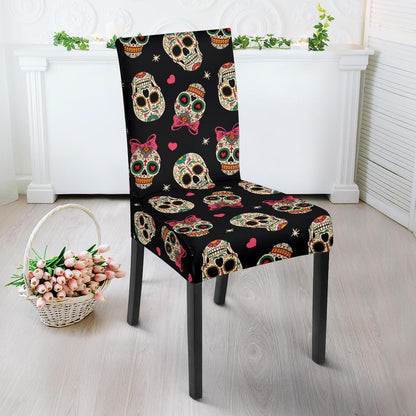 Sugar Skull Pink Bow Themed Print Dining Chair Slipcover-JTAMIGO.COM