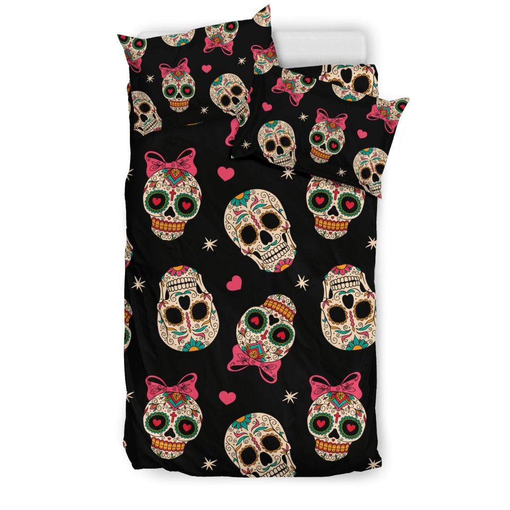 Sugar Skull Pink Bow Themed Print Duvet Cover Bedding Set