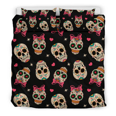 Sugar Skull Pink Bow Themed Print Duvet Cover Bedding Set