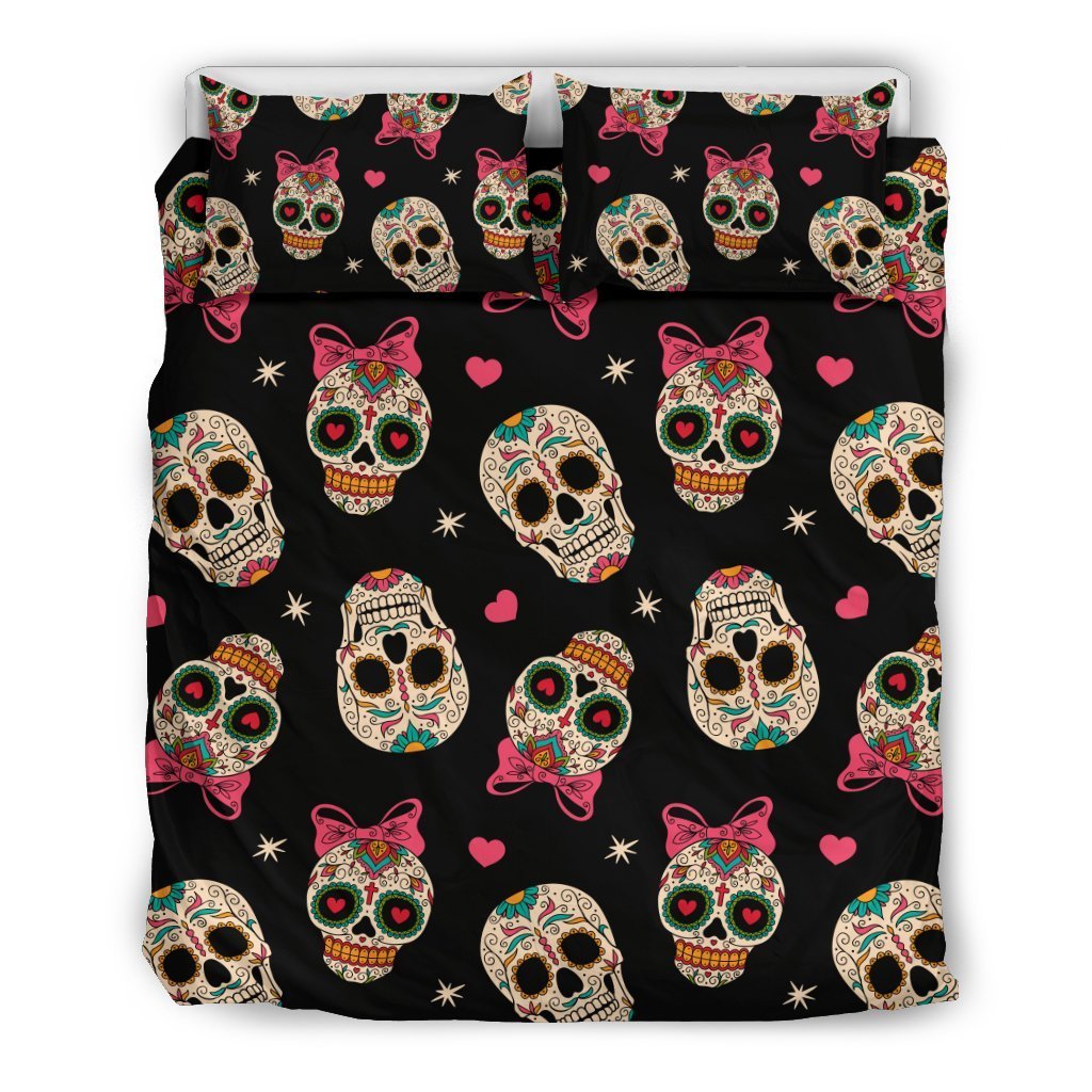 Sugar Skull Pink Bow Themed Print Duvet Cover Bedding Set