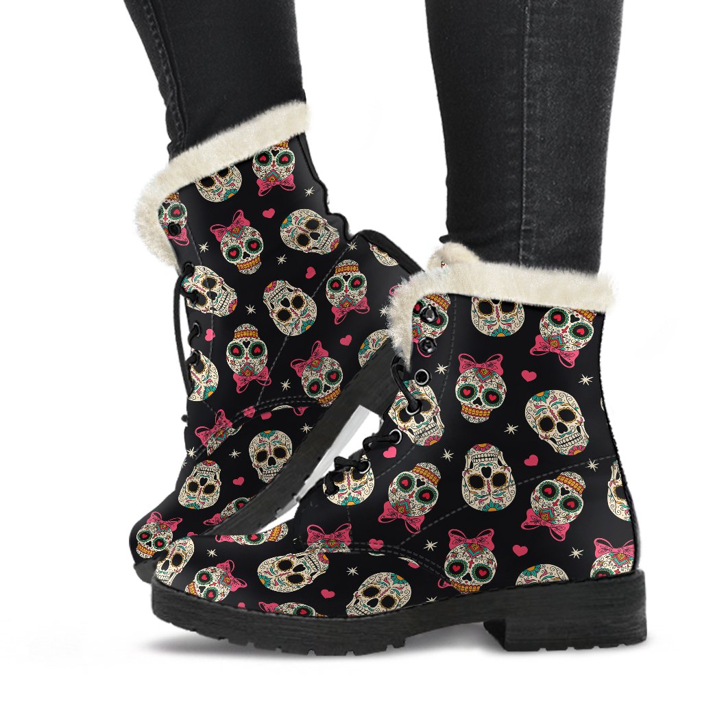 Sugar Skull Pink Bow Themed Print Faux Fur Leather Boots-JTAMIGO.COM