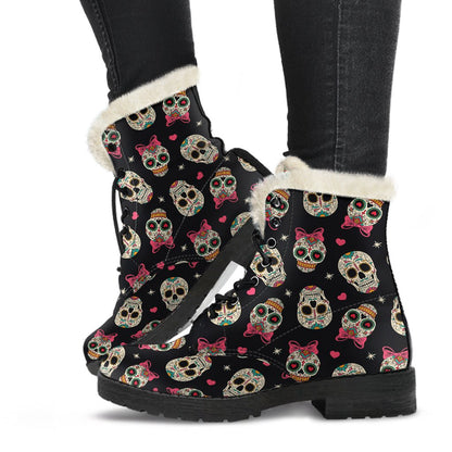 Sugar Skull Pink Bow Themed Print Faux Fur Leather Boots-JTAMIGO.COM