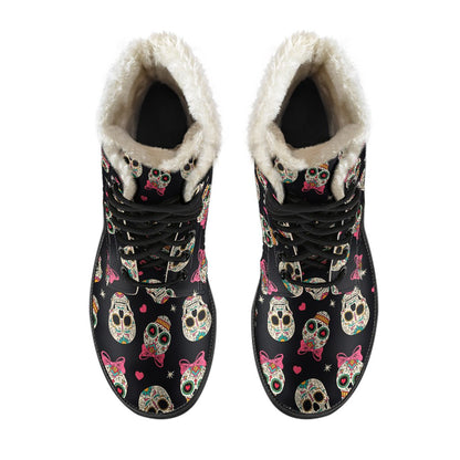 Sugar Skull Pink Bow Themed Print Faux Fur Leather Boots-JTAMIGO.COM