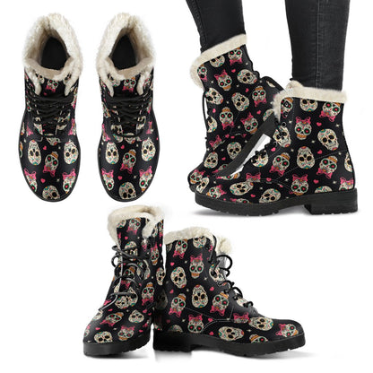 Sugar Skull Pink Bow Themed Print Faux Fur Leather Boots-JTAMIGO.COM