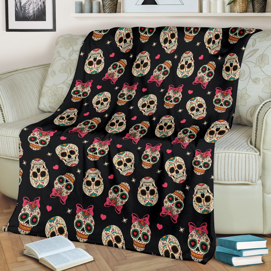 Sugar Skull Pink Bow Themed Print Fleece Blanket