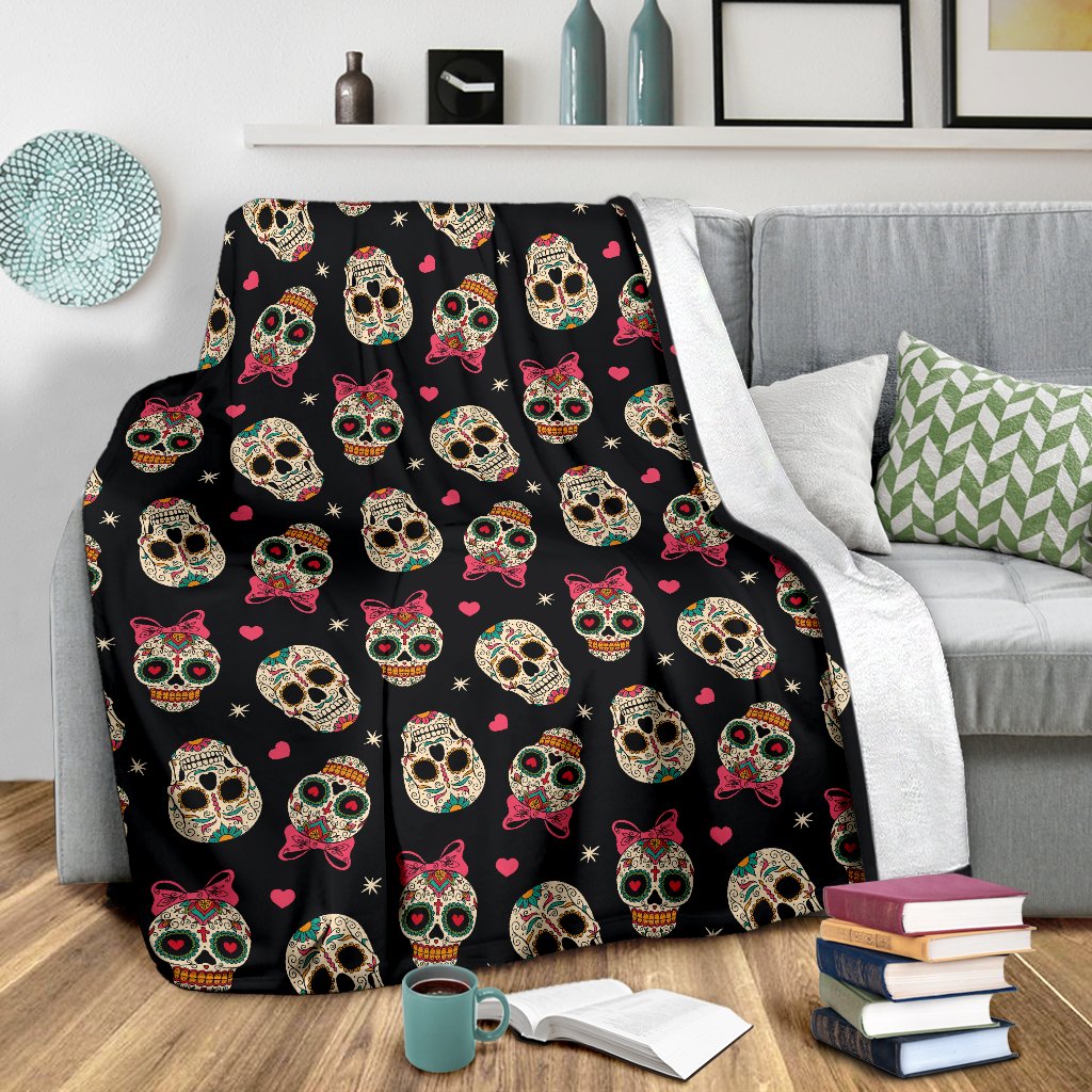 Sugar Skull Pink Bow Themed Print Fleece Blanket