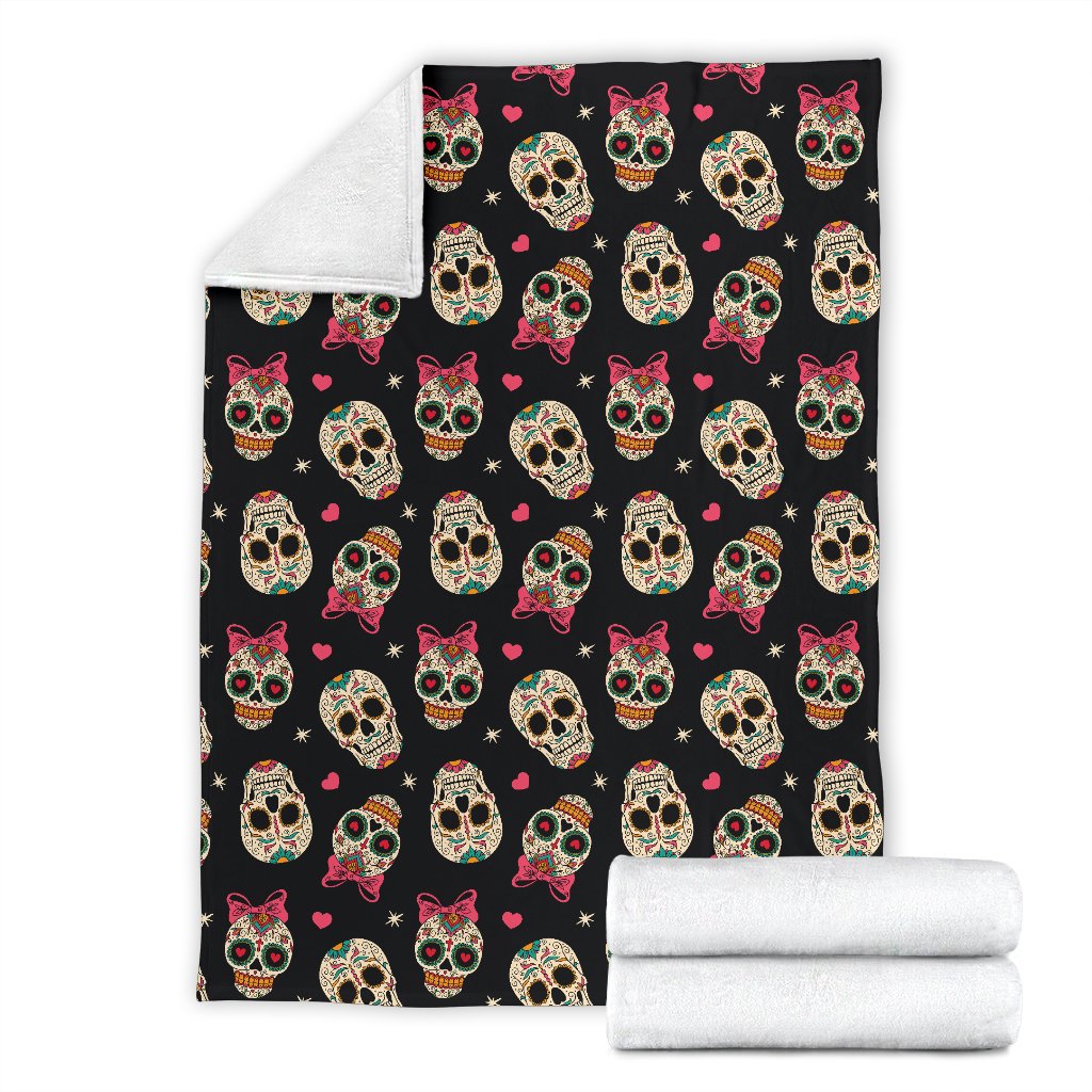 Sugar Skull Pink Bow Themed Print Fleece Blanket