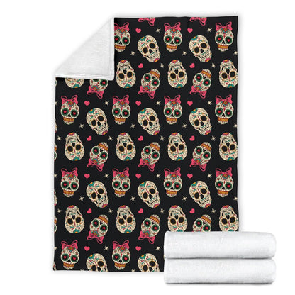 Sugar Skull Pink Bow Themed Print Fleece Blanket