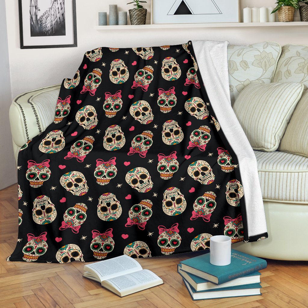Sugar Skull Pink Bow Themed Print Fleece Blanket