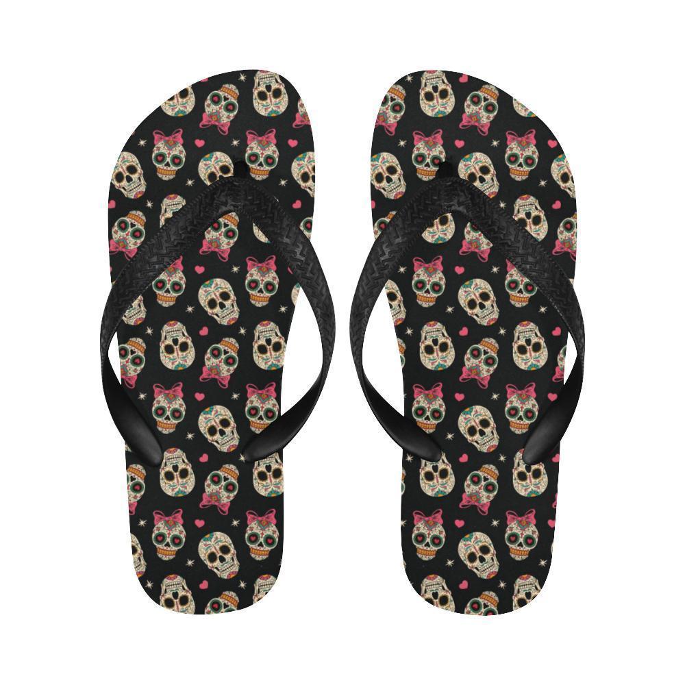 Sugar Skull Pink Bow Themed Print Flip Flops-JTAMIGO.COM