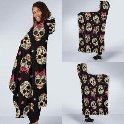 Sugar Skull Pink Bow Themed Print Hooded Blanket-JTAMIGO.COM