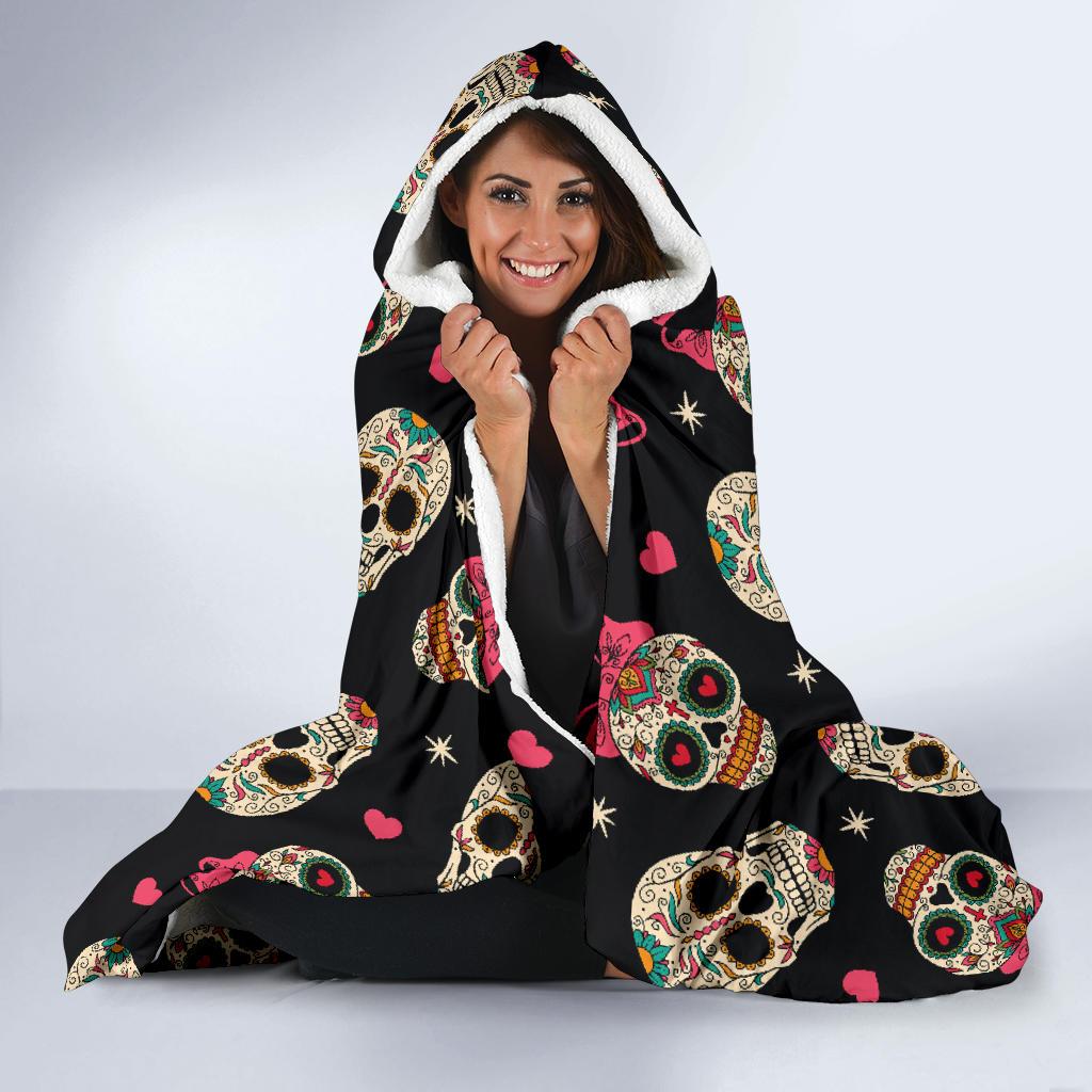 Sugar Skull Pink Bow Themed Print Hooded Blanket-JTAMIGO.COM