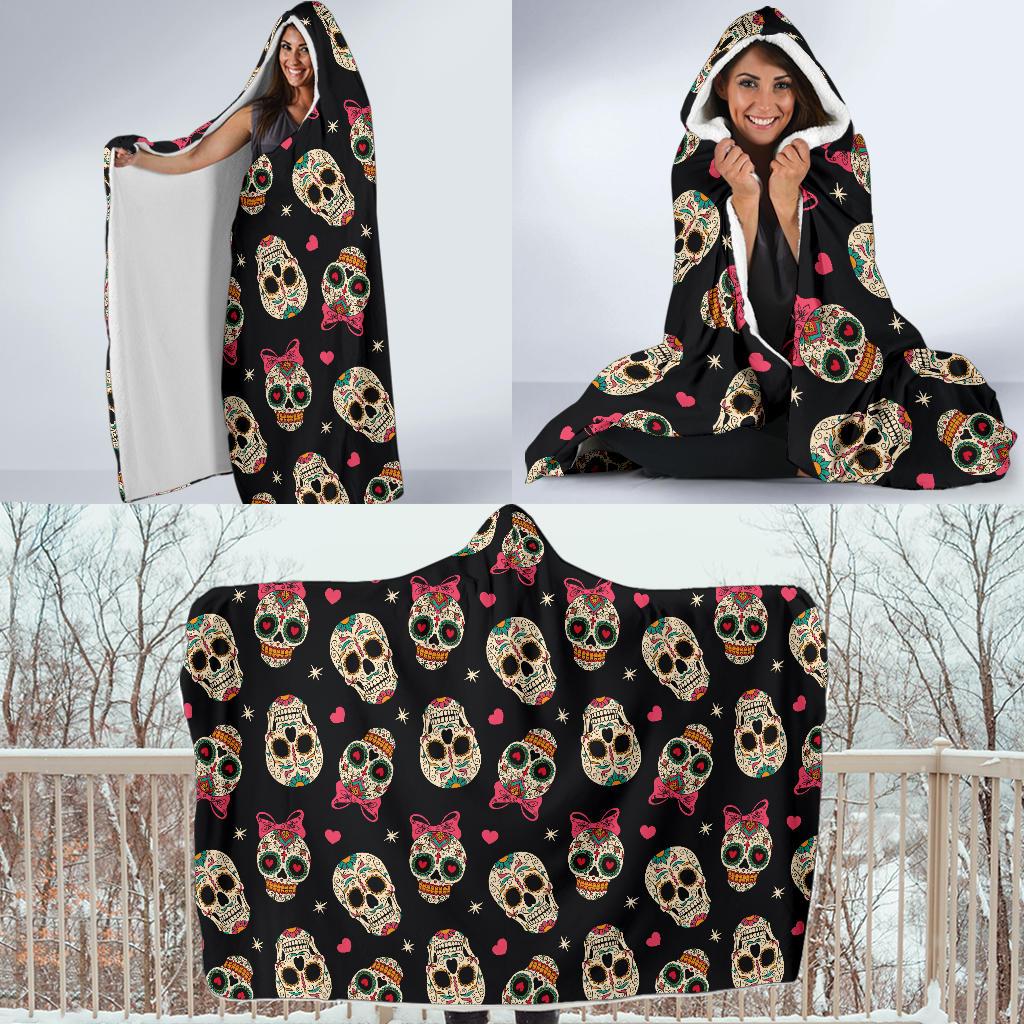 Sugar Skull Pink Bow Themed Print Hooded Blanket-JTAMIGO.COM