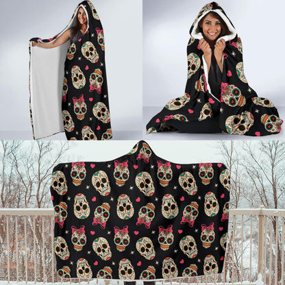 Sugar Skull Pink Bow Themed Print Hooded Blanket-JTAMIGO.COM