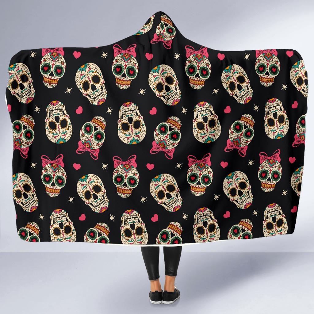 Sugar Skull Pink Bow Themed Print Hooded Blanket-JTAMIGO.COM
