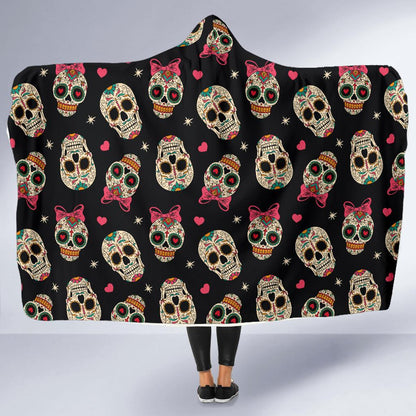 Sugar Skull Pink Bow Themed Print Hooded Blanket-JTAMIGO.COM